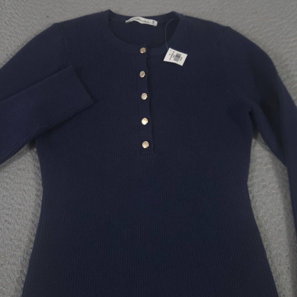 Abercrombie & Fitch Sweater Womens Medium Navy Ribbed Henley Gold Buttons NEW